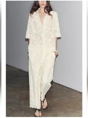 Zara Cream Eyelet Wide-Leg Pants